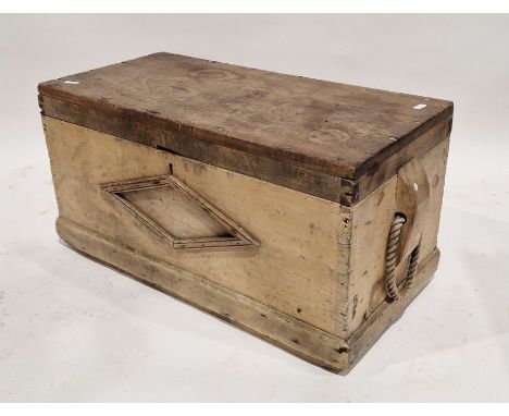 Pine travelling/blanket trunk&nbsp;of rectangular form with two rope handles, 46cm high x 93cm wide x 46cm deep&nbsp;