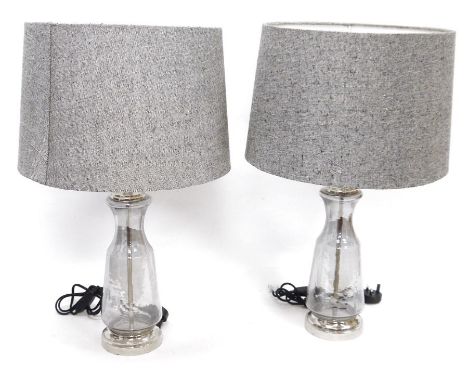 Pair mottled Lastrea glass and white metal table lamps&nbsp;and the grey canvas fabric shades and a standard lamp (3)&nbsp;