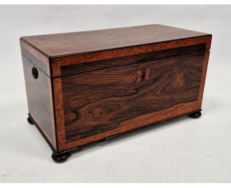 Victorian rosewood and bird's eye maple tea caddy&nbsp;of rectangular form, the lid opening to reveal two fitted canisters wi