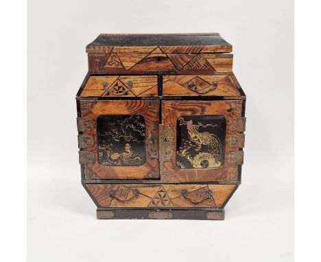 Japanese Meiji period (1868-1912) parquetry and lacquer table-top cabinet surmounted with a hinged compartmentalised box abov