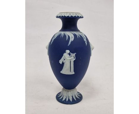 Wedgwood dark blue jasperware oviform vase, circa 1890, impressed uppercase marks, decorated with white neo-classical figures