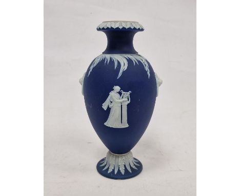 Wedgwood dark blue jasperware oviform vase, circa 1890, impressed uppercase marks, decorated with white neo-classical figures