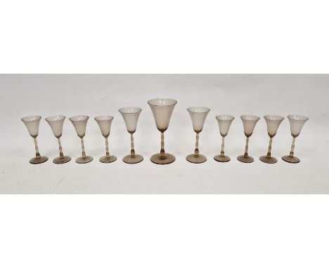 Group of Orrefors Sandvik Astrid pattern drinking glasses&nbsp;in sizes, designed by Simon Gate, circa 1930's of cinnamon tin