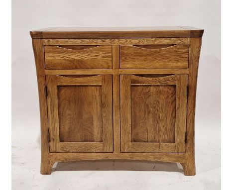 Modern oak cabinet with two fitted drawers above two door cupboard, the handles are moulded to fit sleekly in.