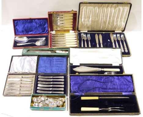 Quantity of silver plated flatware, most in original boxes, to include two sets of silver-handled butter knives, a carving se