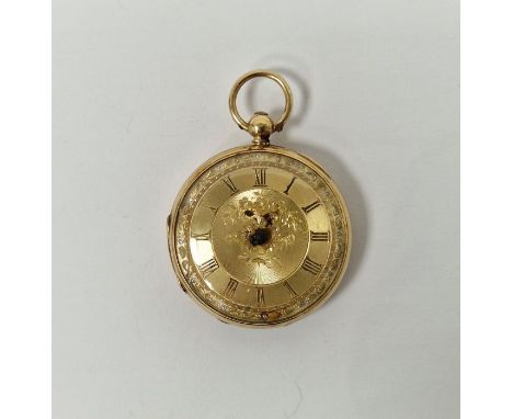 Gent's 18K gold fob watch, the gold-coloured dial engine-turned and with Roman numerals, hands missing, the case with vacant 