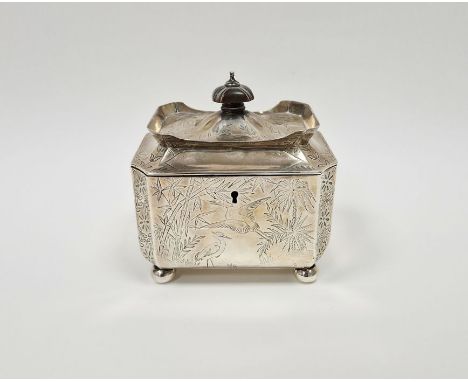 Victorian aesthetic movement silver tea caddy, of octagonal form, with engraved scenes throughout showing bamboo, cranes and 