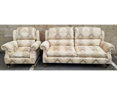 Modern sofa suite&nbsp;by Parker Knoll, comprising a two-seater sofa and an armchair, each upholstered in a gold fabric, 95cm