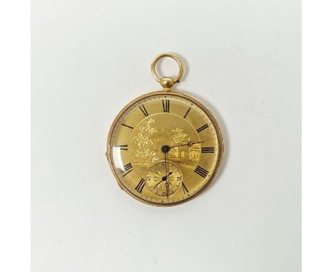 Rolled gold open-faced pocket watch&nbsp;with Roman numerals to the gold-coloured dial, centred by engraving of buildings in 