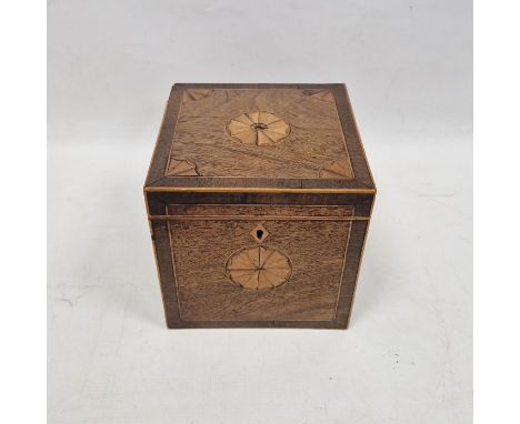 19th century cuboid mahogany inlaid and strung two partition tea caddy, 13cm each side&nbsp;Condition ReportAdditional photos
