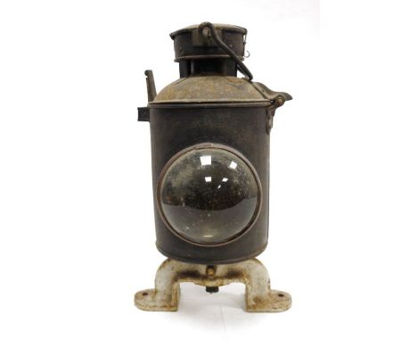 Old black metal railway lamp, double-sided with convex glass, swing handle, 44cm high&nbsp;