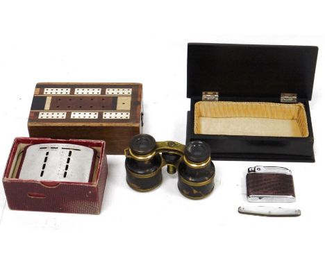 Pair of brass and faux tortoise shell opera glasses, an ebony jewel box with padded velvet lined interior, a mother-of-pearl 