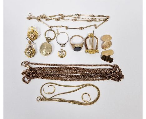 Gold plated guard chain, gold coloured metal and hair harp design brooch, 9ct gold cufflink, Victorian single pendant earring