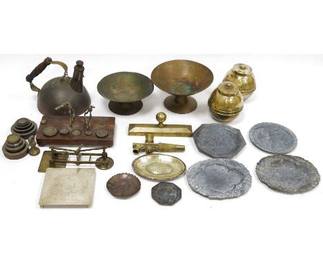 Two Liptons brass tea caddies 1924, brass postal scales, quantity of sundry shells, a spirit flask&nbsp;and sundry items (2 b