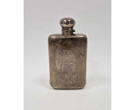 Late Victorian silver spirit flask, crest engraved, rectangular and slightly curved with hinged cap, 17cm, Birmingham 1897, 7