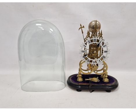 19th century brass skeleton clock&nbsp;on ebonised base under glass dome, single fusee movement, passing strike chime with ha