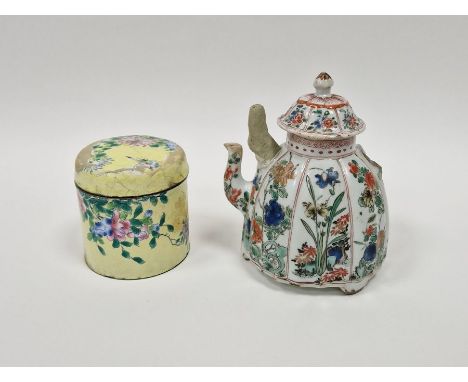 Chinese Kangxi famille verte fluted wine-pot and cover and a 19th century Canton cylindrical yellow-ground enamelled caddy an
