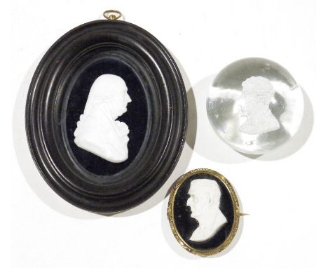 Victorian sulphide paperweight with a portrait of Lord Byron, a white glass paste portrait of Sir William Forres after F Henn
