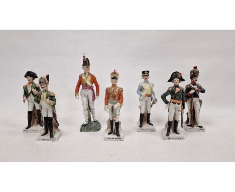 Six 20th century Continental porcelain figures of French soldiers and a Grenadier Guard similar retailed by T. Goode, each mo