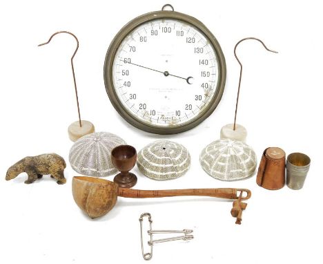 Late 19th century American standard bi-metallic thermometer, circular, quantity of sundry shells, indigenous ladle&nbsp;and s