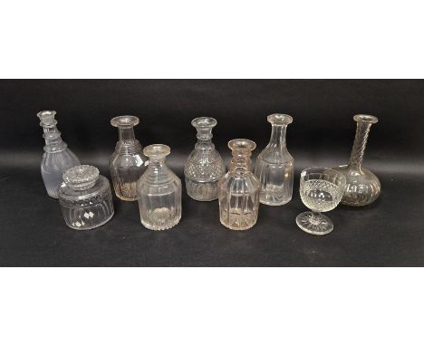Group of Regency and later 19th century cut glass decanters and a tea caddy and cover,&nbsp; the caddy of cylindrical form, c