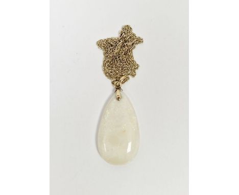 Pear-shaped white opal cabochon pendant, on gold fitting and 9ct gold chain, chain weight 4g approx.&nbsp;Condition ReportCha