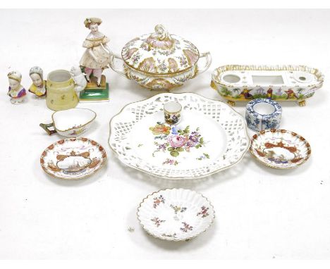 Group of mid to late 19th century Continental porcelain, including: a footed shaped oval inkstand painted with chinoiserie fi