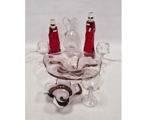 Facon-de-Venise wrythen moulded ewer and three goblets in the Salviatti style, each applied with gilt raspberry prunts, an Ar