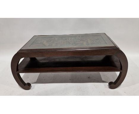 Chinese hardwood and glass-topped coffee table, the rectangular top carved with a scene of figures and pagodas in lakeside la