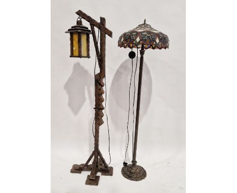 Modern Tiffany-style glass shaded standard lamp, 154cm high and an oak lantern on stand (2)&nbsp;