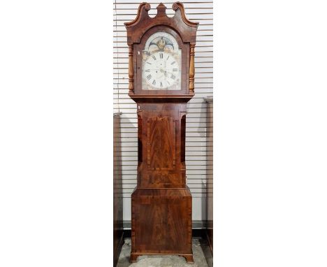 19th century mahogany cased longcase clock, the broken arch painted face is colourfully decorated with four figures in the qu