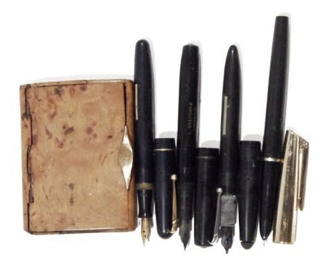 Swan fountain pen&nbsp;with 14ct gold nib, three others&nbsp;and a burrwood cigarette case with gold-coloured mount&nbsp;