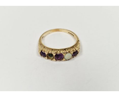 9ct gold, amethyst and opal set ring, having three amethysts, one opal (one missing)