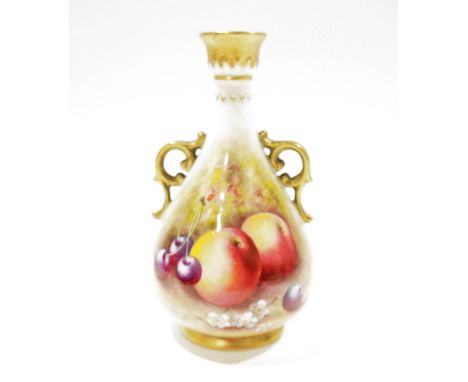 Royal Worcester two-handled pear-shaped fruit decorated vase by E. Townsend, circa 1940s, printed purple marks, shape no. G98