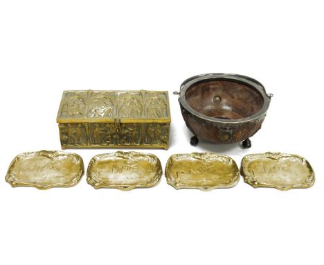 Brass casket, rectangular with all over panels of figures in medieval style arches, 23cm wide, an EPNS-mounted carved oak bow