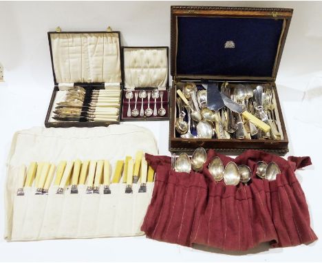 Extensive collection of silver plated flatware&nbsp;including butter knives, spoons, forks, etc, some housed in oak canteen, 