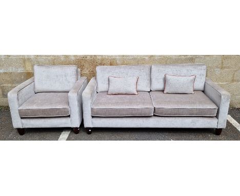 Modern grey upholstered sofa suite comprising a two-seat sofa and a matching armchair, both 78cm high (2)&nbsp;