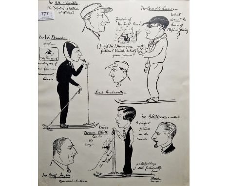 M Massie (early to mid 20th century) Ink and pencil two caricatures depicting figures with skisTogether with a pencil sketch"