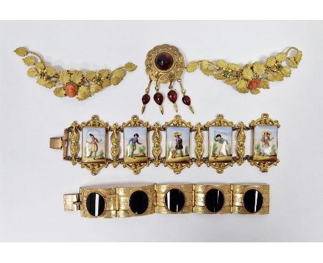 19th century gilt metal and painted porcelain plaque bracelet, the five rectangular plaques painted with figures of children,