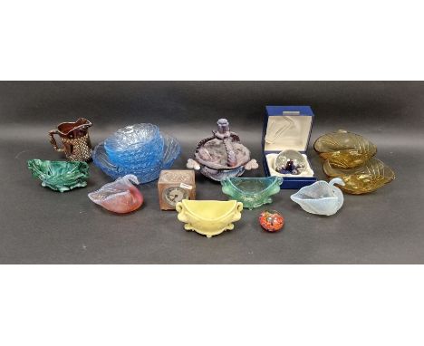 Assorted carnival, coloured and press-moulded glassware, including: two press-moulded swans, a boxed Caithness Moonflower pap