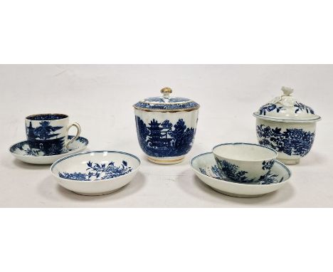 Group of late 18th Century English blue and white porcelain, including: a Worcester Fence pattern sugar bowl and cover, a tea