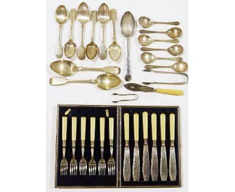 Assortment of silver plated flatware&nbsp;including spoons, sugar tongs and knives, some in original fitted cases&nbsp;