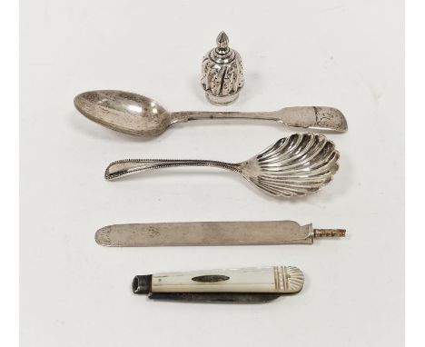 Victorian silver scallopshell caddy spoon, hallmarked Sheffield, 1893, a silver domed pierced sifter cover, a Victorian silve