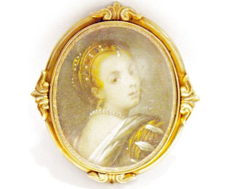 19th century portrait miniature on ivory, head and shoulders portrait of a Tudor lady, oval, 5cm x 4cm in pinchbeck frame (Iv