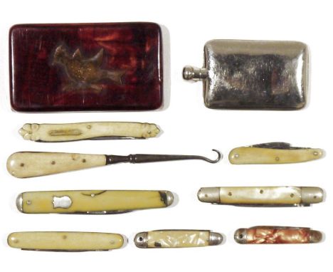 Seven various folding penknives, some bone-handled, a bone-handled button hook, a miniature spirit flask, miniature prayer bo