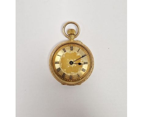 Lady's 18K gold fob watch, having gold-coloured engine-turned dial with Roman numerals, the case engraved with vacant cartouc