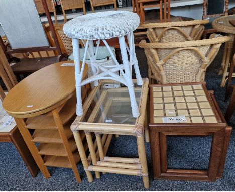 Nest of three bamboo-effect glass topped coffee tables,&nbsp;of rectangular form,&nbsp;two tile top tables, an oval side tabl