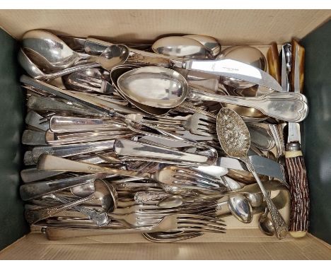 Assorted stainless steel flat ware marked C B &amp; S , Sheffield, Elkington silver plate flatware etc. ( box)