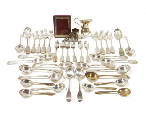 Assorted silver plated flatware, to include spoons, forks and butter knives, together with a silver plate mounted picture fra