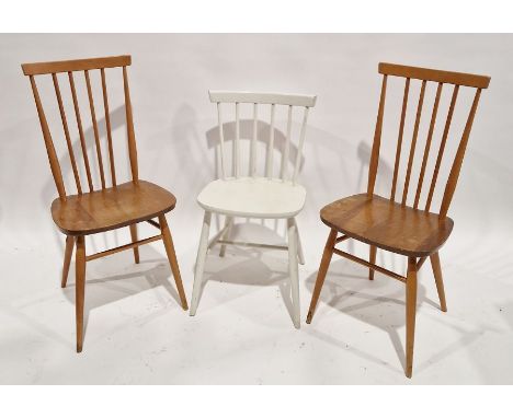 Pair of mid-century Ercol style dining chairs with spindle backs, 92cm high approx, together with a white painted dining chai